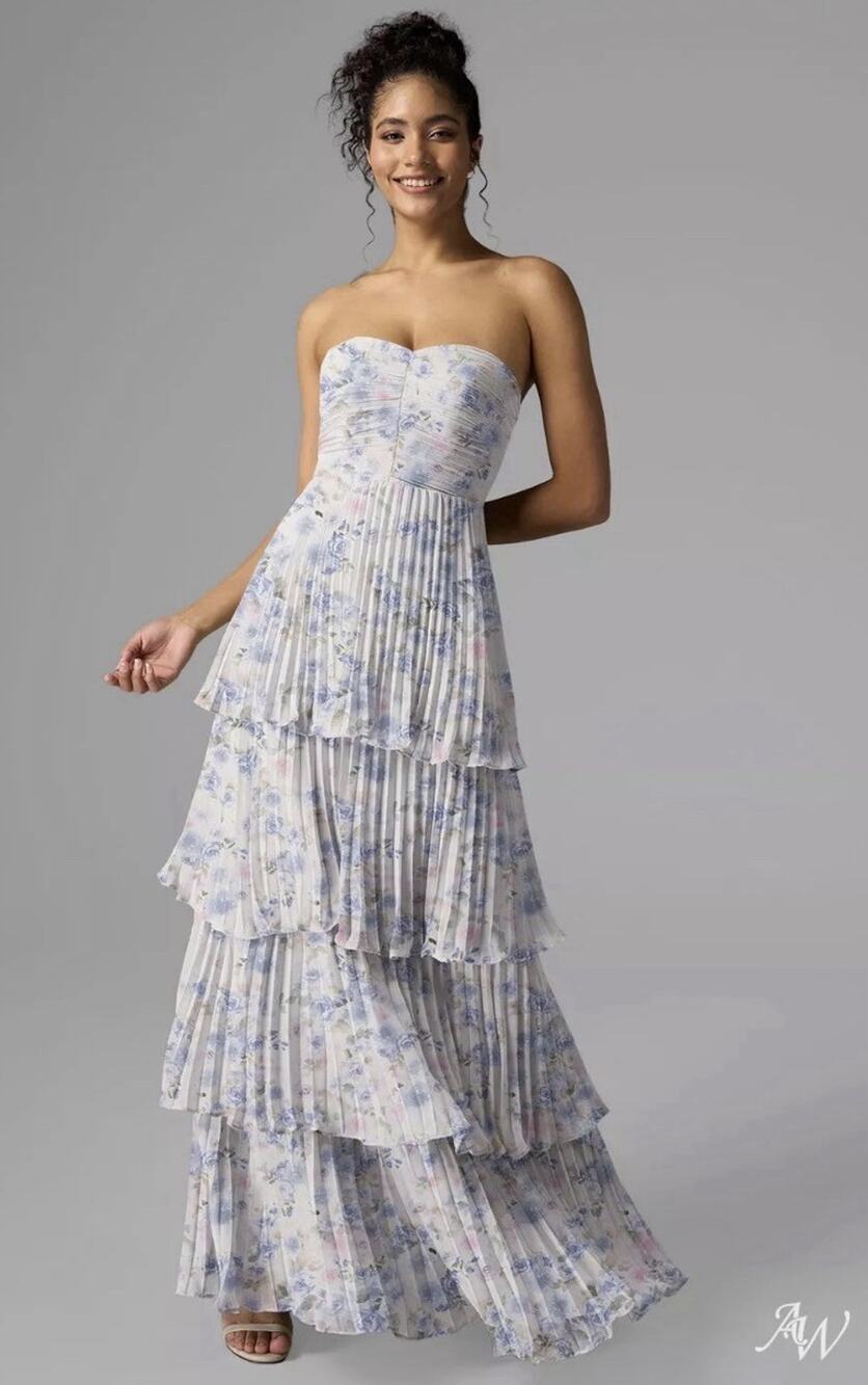 AW Bridal Azure Purple Print Strapless Bridesmaid Dress Chiffon Floral Size #2